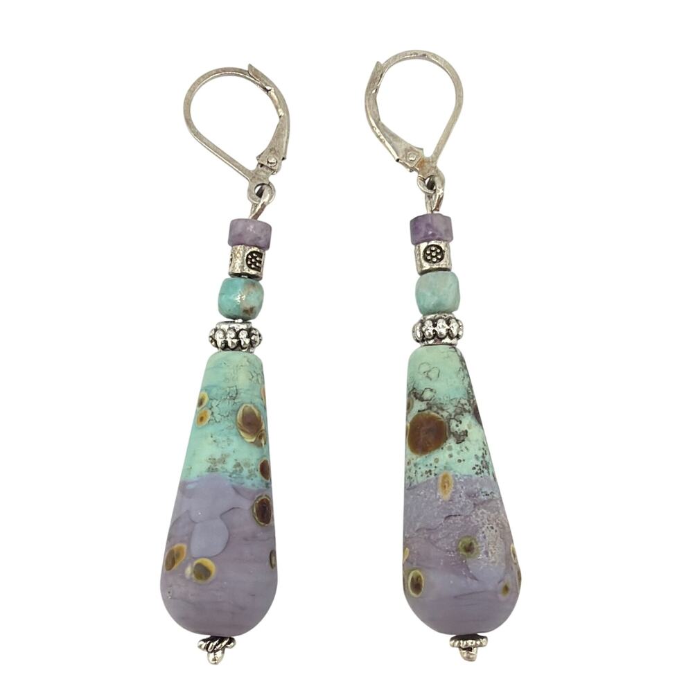 NEW Artisan Sandblasted Lampwork Turquoise and Amethyst Dangle Earrings